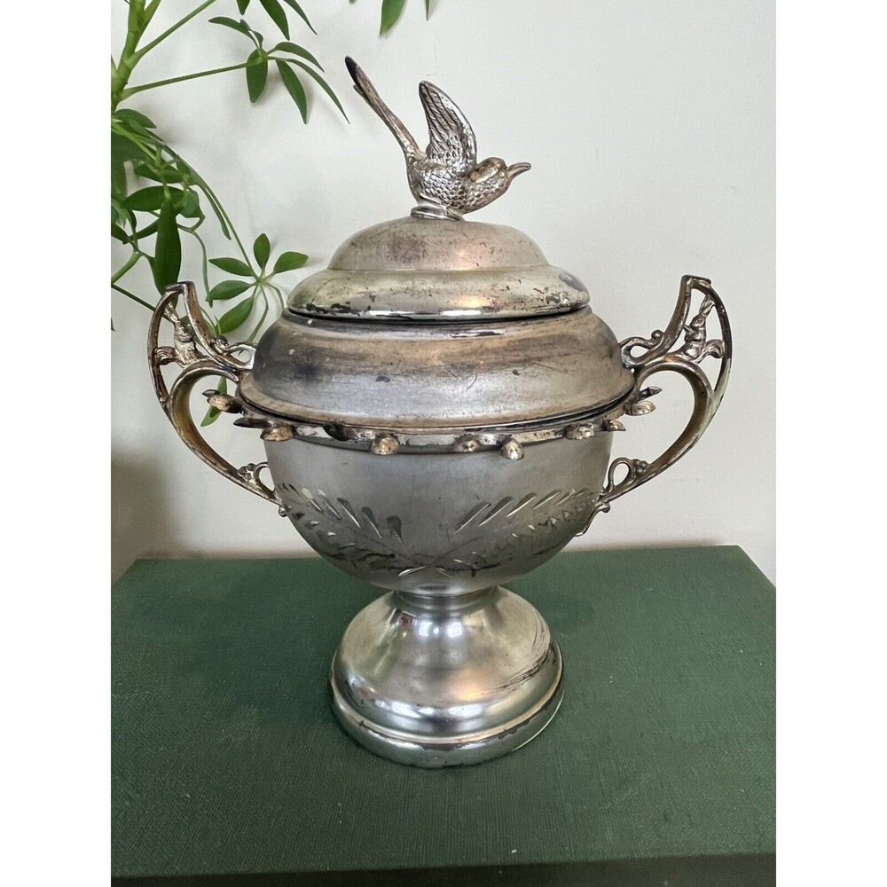 Victorian Silver Plated Sugar Bowl & Spoon Holder by Em. Rogers & Son With Bird